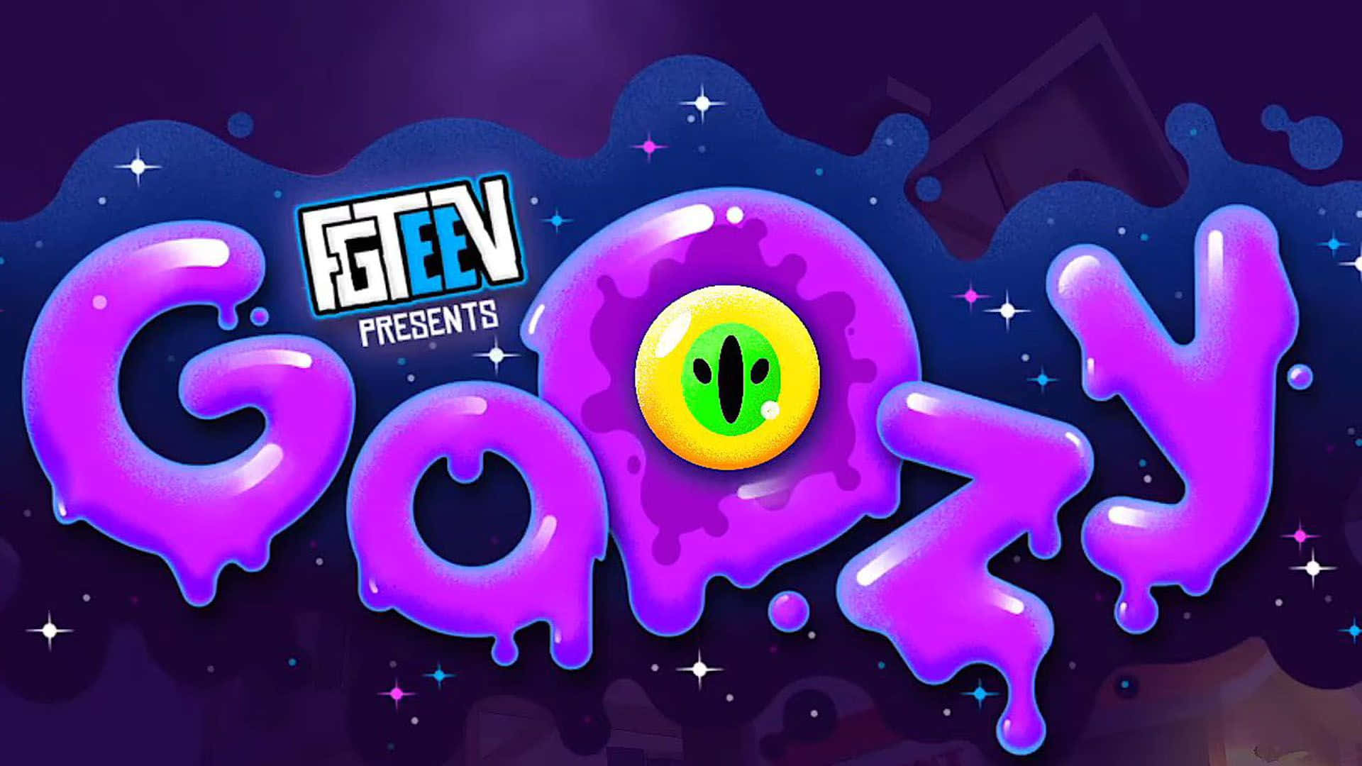 slime 桌布 壁紙 — Goozy標誌，帶有紫色史萊姆字母和綠色眼睛，背景是星空夜空。