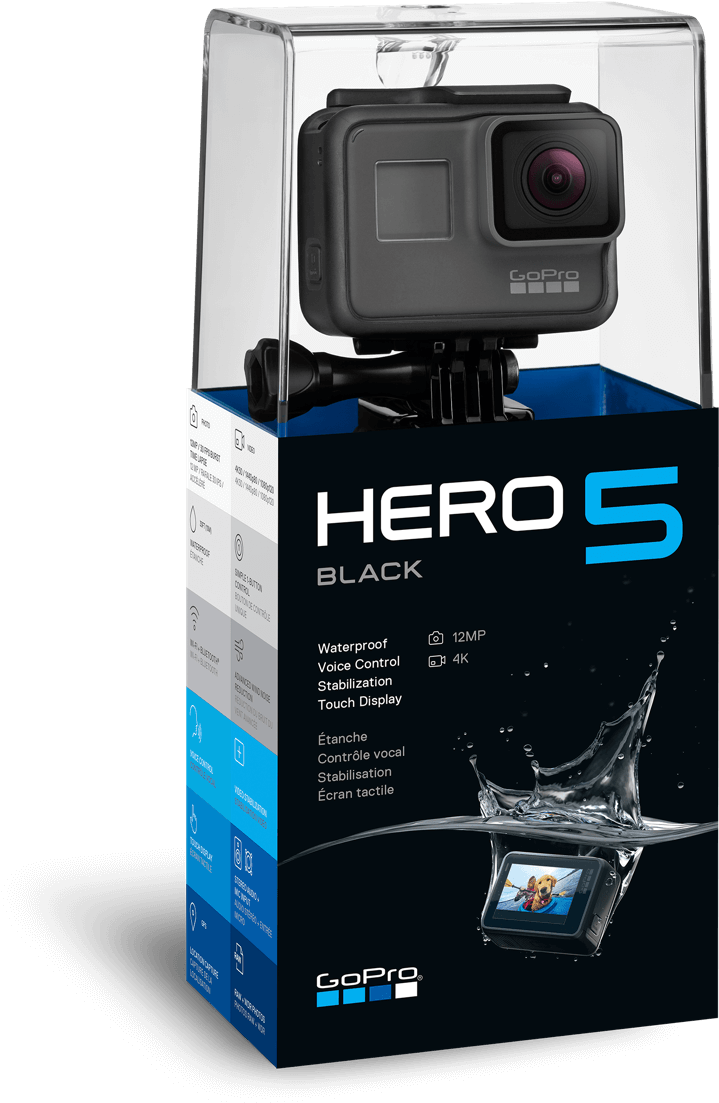 卡達 桌布 壁紙 — GoPro Hero 5 Black 運動相機，透明包裝，黑色盒子上有水花圖案。