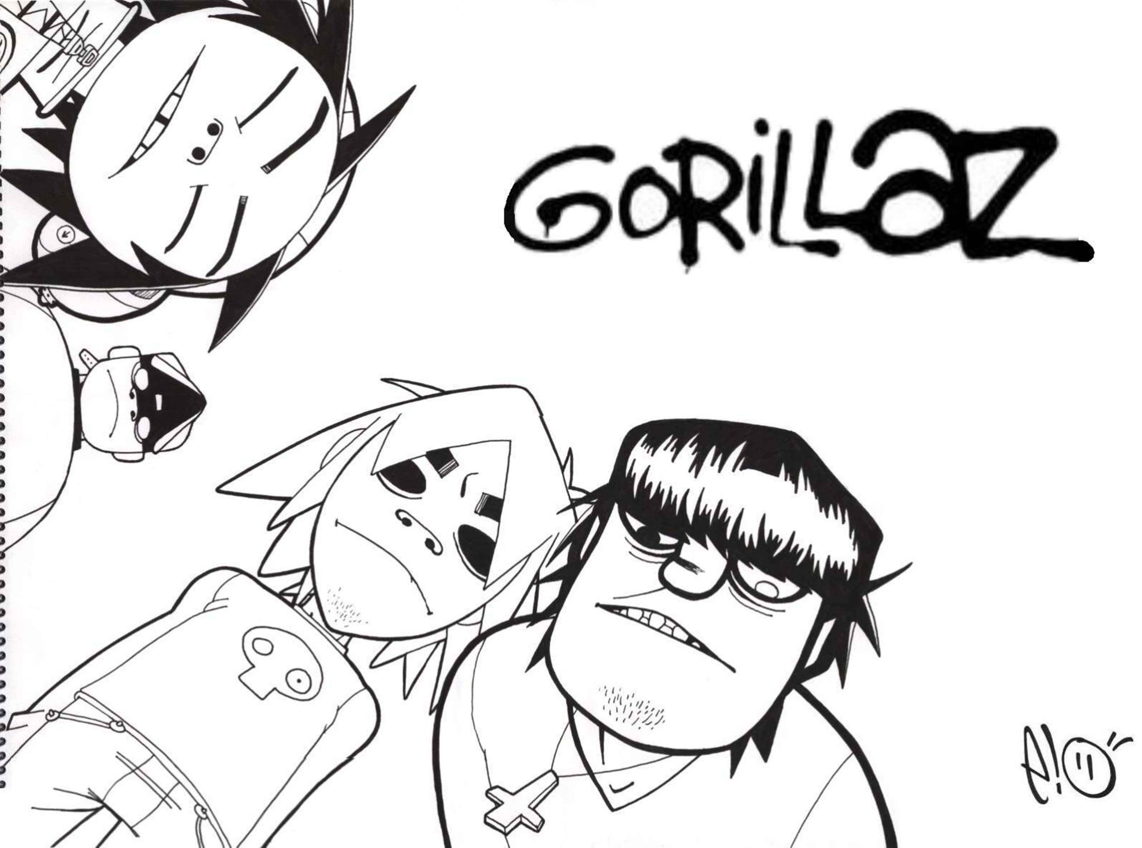 桌布 壁紙 — Gorillaz 樂團成員的黑白線條藝術，帶有塗鴉風格標誌。