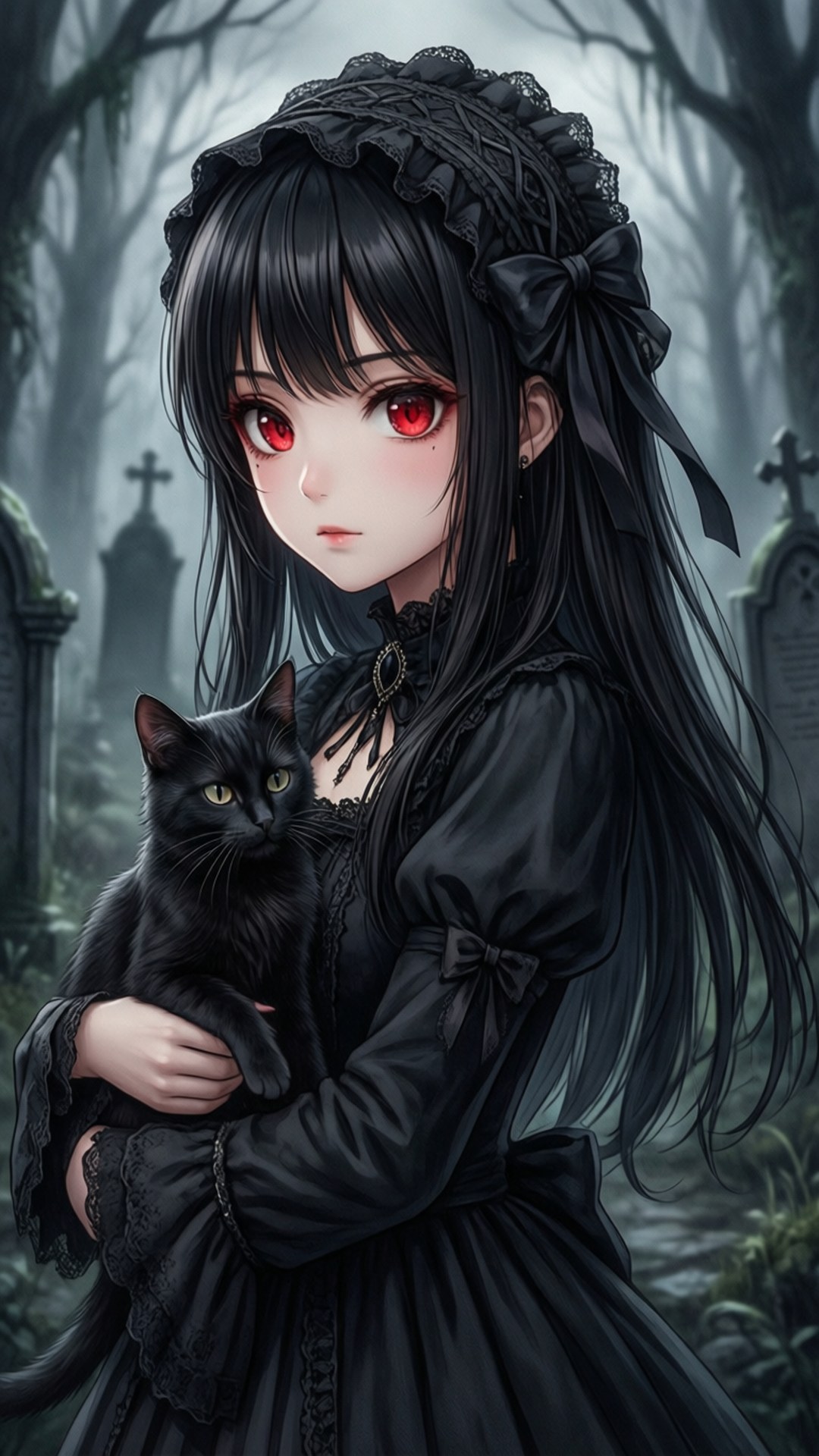 Gothic Cat Girl 壁紙 — 一個哥德式動漫女孩，紅眼睛，穿著黑色蕾絲服裝，在霧氣瀰漫的墓地裡抱著一隻黑貓，旁邊有墓碑。