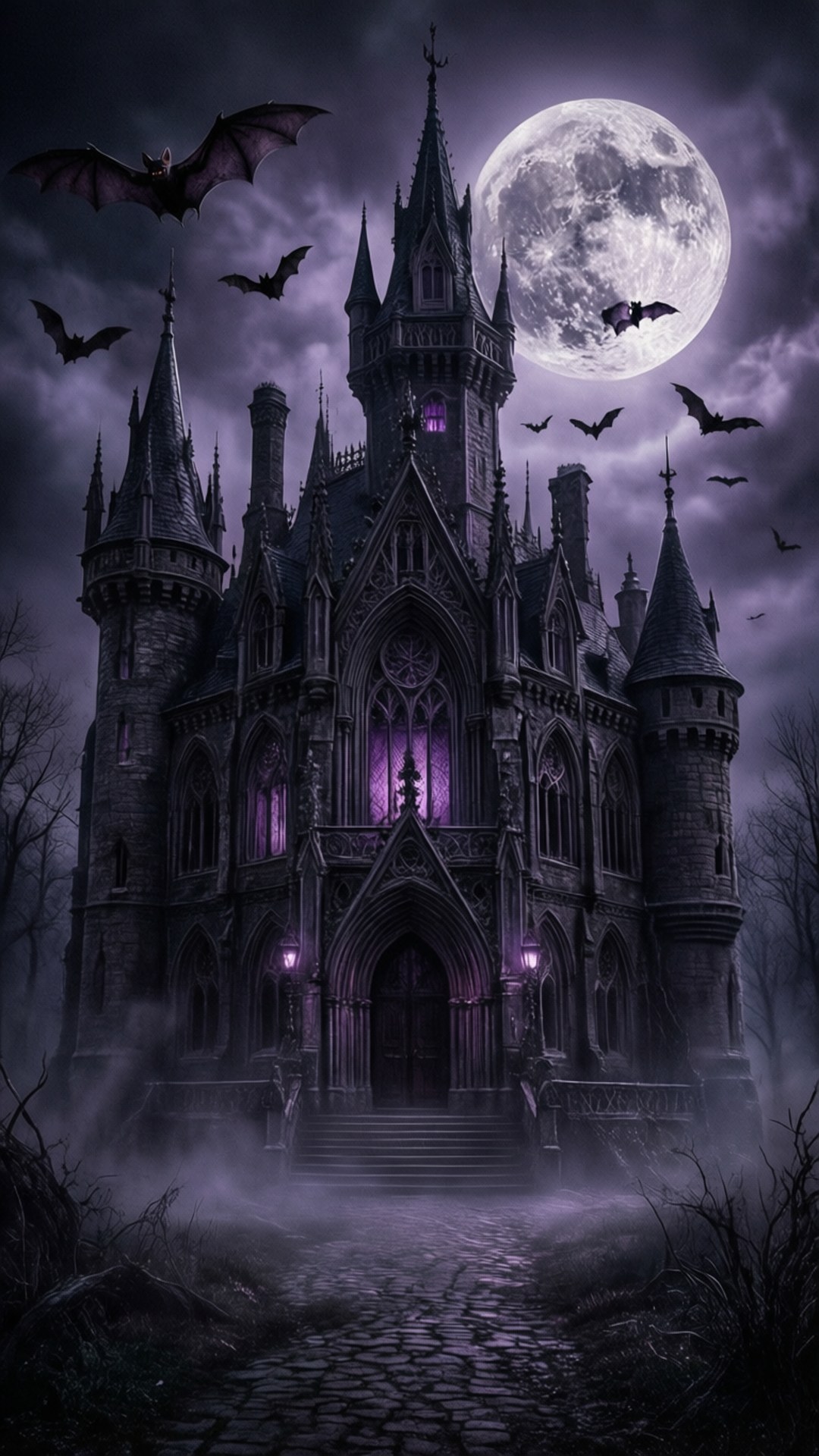 Gothic Castle Under Full Moon 壁紙 — 一座哥德式城堡，有尖塔和紫色發光的窗戶，矗立在滿月下，蝙蝠在烏雲中飛翔。