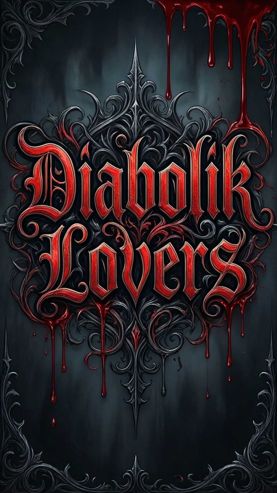 Gothic Typography 壁紙 — 哥德式華麗紅色文字 'Diabolik Lovers' 在深灰色紋理背景上滴血，並以複雜的黑色鏤空花紋框住。