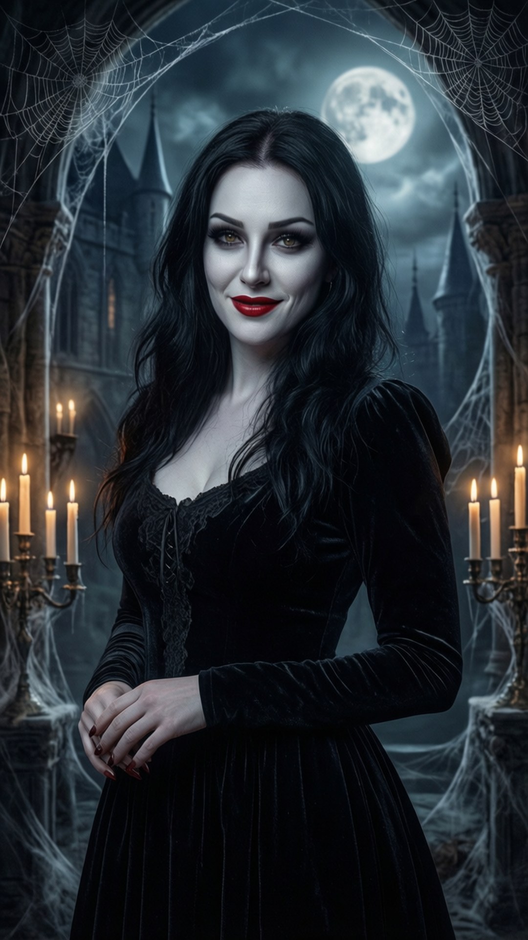 Stella Maeve 桌布 壁紙 — 一位黑髮女子穿著黑色天鵝絨長裙，站在滿月下的哥德式城堡前，周圍有蜘蛛網和燭光。