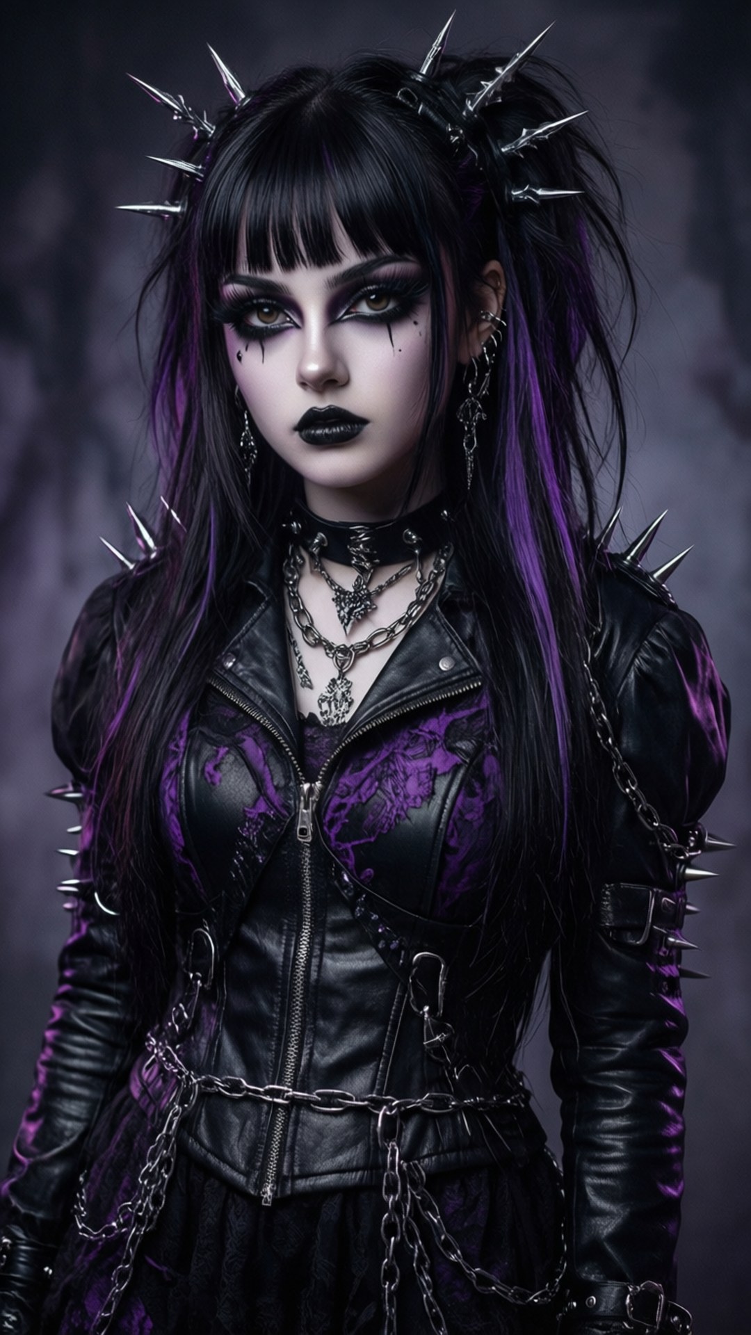 Dark Goth Powerpuff 壁紙 — 一位哥德式女性，帶有紫色條紋頭髮和尖刺頭飾，穿著飾有鏈條和金屬裝飾的黑色皮革服裝，眼神強烈。