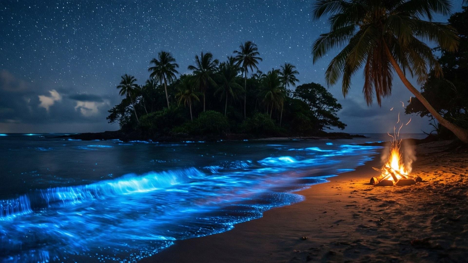 Bioluminescent Night Island 壁紙 — 篝火在沙灘上溫暖地燃燒，生物發光的海浪在星空下拍打，遠處棕櫚樹的剪影清晰可見。