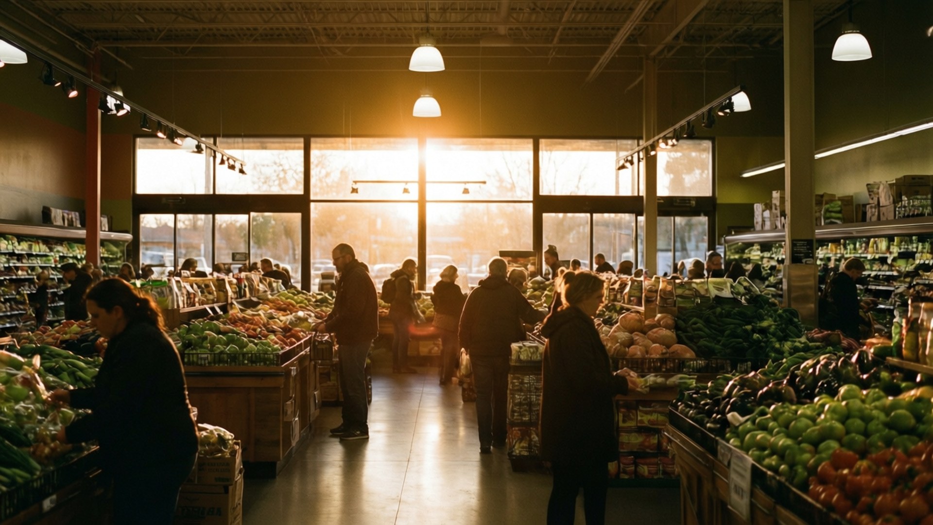 Grocery Store 桌布 壁紙 — 購物者在繁忙的雜貨店中瀏覽色彩繽紛的農產品通道，金色的夕陽光線透過大窗戶湧入。