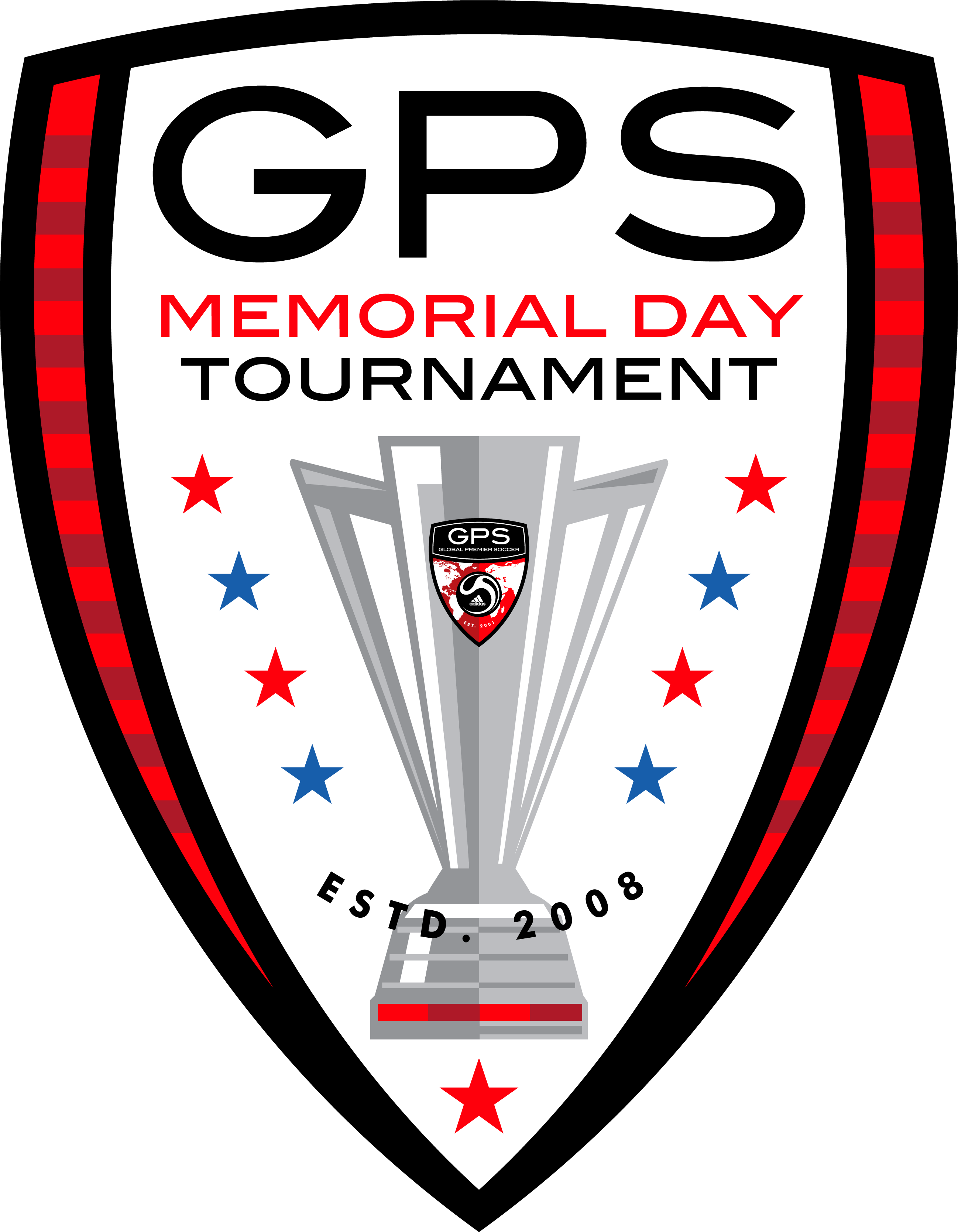 陣亡將士紀念日 桌布 壁紙 — GPS Memorial Day Tournament 的盾形標誌，銀色獎盃被紅色和藍色星星包圍。