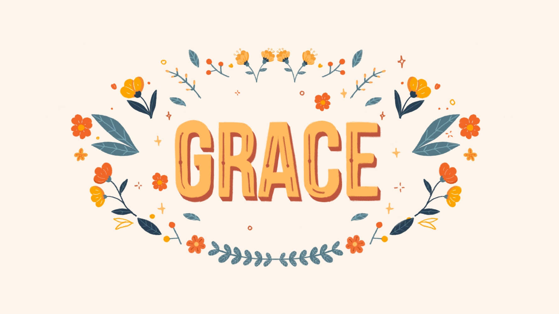 grace 桌布 壁紙 — 「grace」這個字被一個由橙色花和藍綠色葉子組成的歡樂花環環繞，背景是柔和的米色。