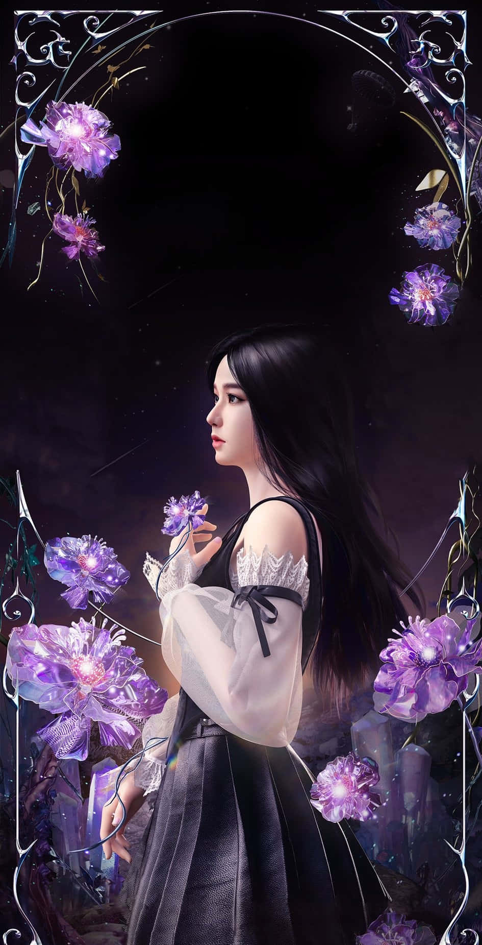 黑髮動漫女孩在黑暗裝飾拱門下拿著發光的紫色花朵。 — Blackpink 壁紙