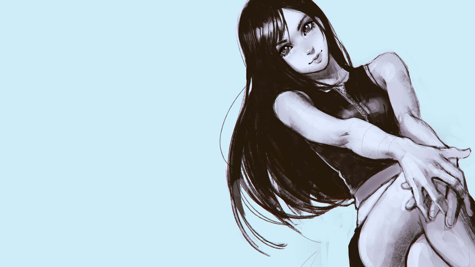 長著深色長髮的動漫女孩以素描風格坐在藍色背景前 — 最終幻想7 壁紙