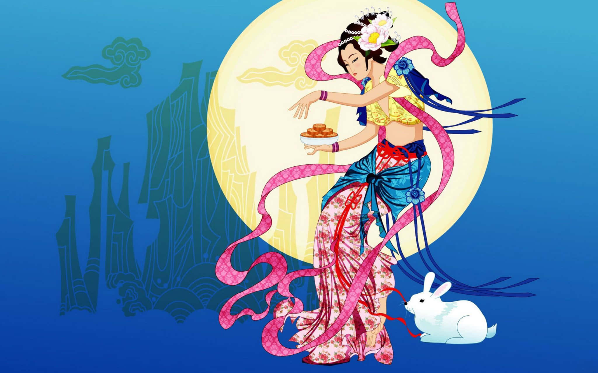Chang'e Goddess Of The Moon 桌布 壁紙 — 一位優雅的中國月亮女神穿著鮮豔的長袍，在發光的滿月前跳舞，手持月餅，旁邊有一隻白兔。