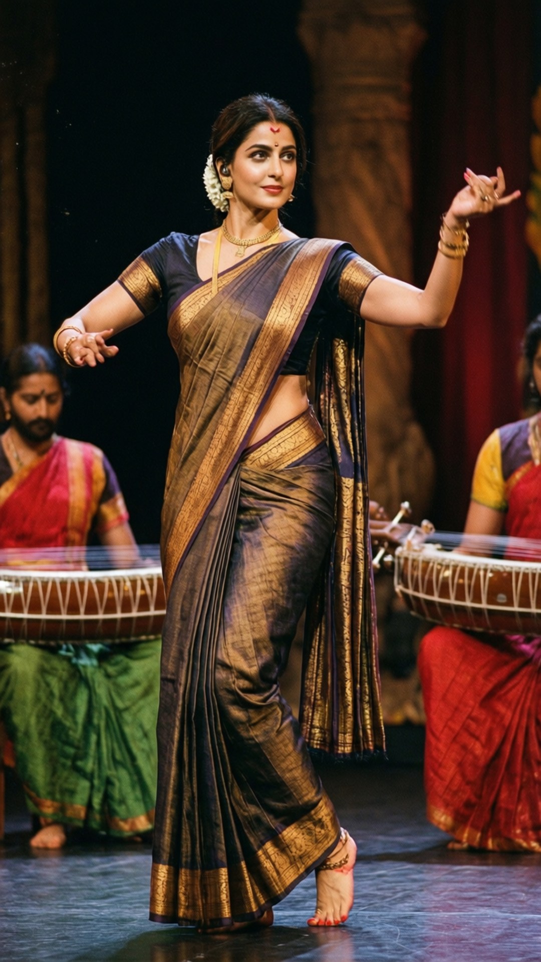 Classical Dance Silk 壁紙 — 一位優雅的印度舞者身穿金色和黑色紗麗，在舞台上表演，身後有音樂家演奏傳統鼓樂。