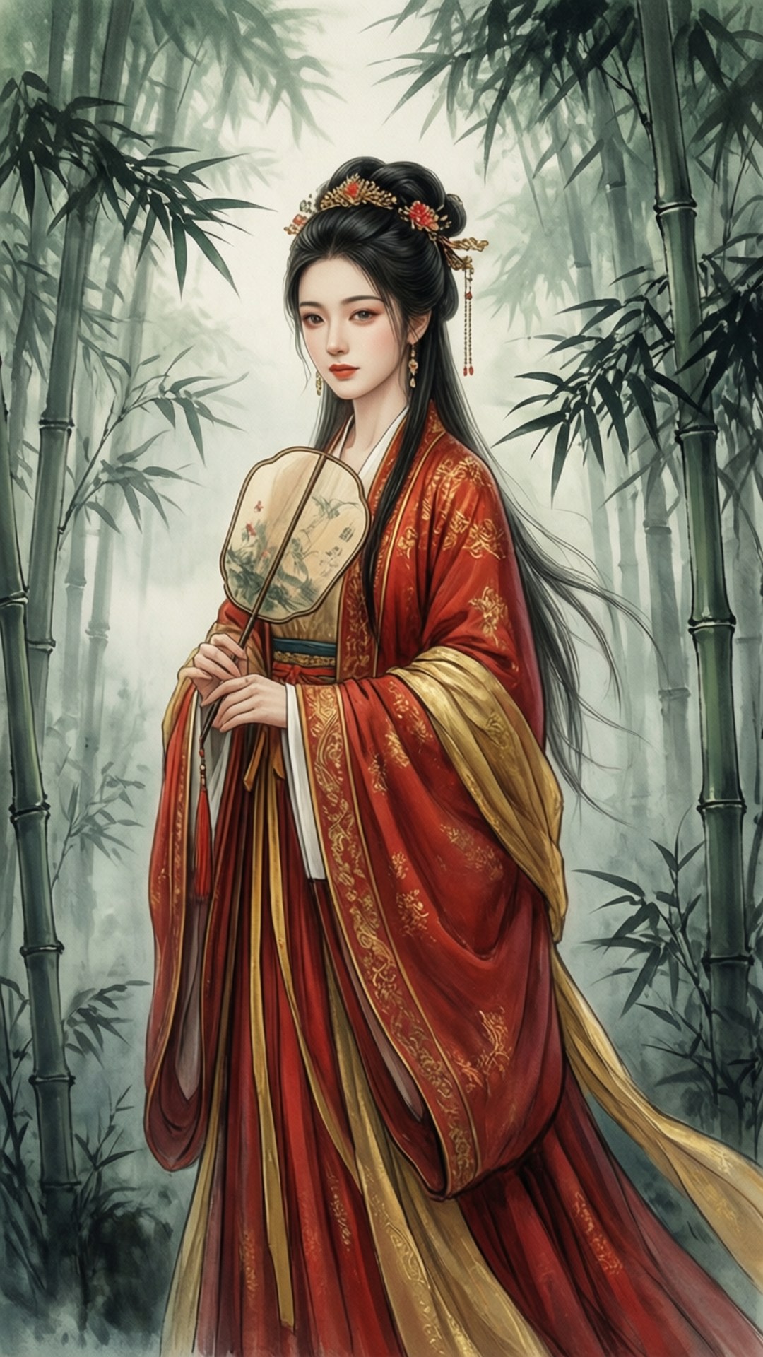 Ink Bamboo Reverie 壁紙 — 一位優雅的女士身穿飄逸的紅金色傳統長袍，站在煙霧繚繞的竹林中，手持一把彩繪扇子。