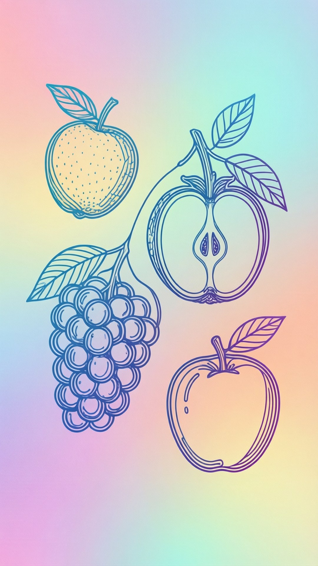 Minimalist Fruit Lines 壁紙 — 漸層背景上繪有輪廓水果，包括一個完整的蘋果、一個切片蘋果、一串葡萄和一個帶葉的柑橘類水果。