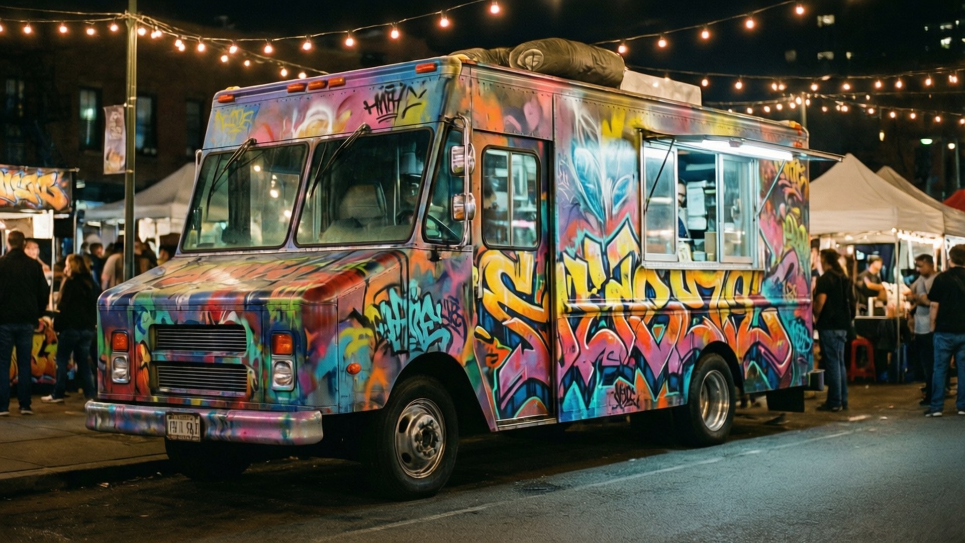 Graffiti Food Truck Night Market 壁紙 — 一輛色彩繽紛的塗鴉餐車停泊在熱鬧的夜市，掛滿燈串。