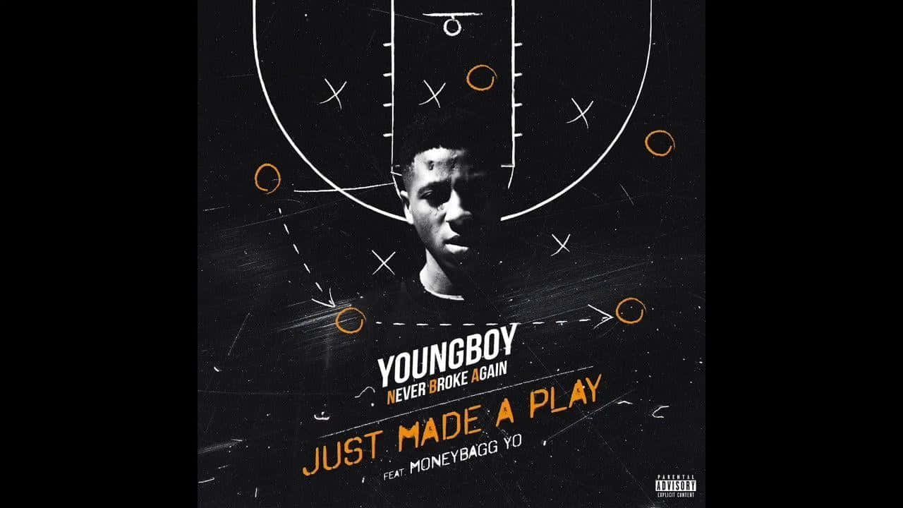 Album Cover 桌布 壁紙 — YoungBoy Never Broke Again 的粗糙黑白肖像，上面覆蓋著橙色籃球比賽圖表和文字。