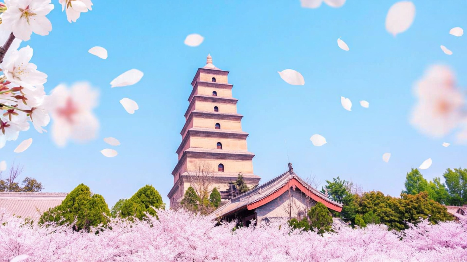 Pagoda Among Cherry Blossoms 壁紙 — 一座宏偉的古塔聳立在一片粉紅色的櫻花海之上，藍天白雲，花瓣飄落。