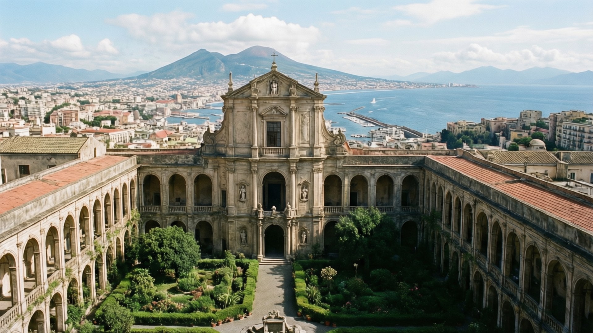 Certosa di San Martino View 壁紙 — 一個宏偉的巴洛克式庭院，擁有拱形柱廊和修剪整齊的花園，俯瞰著沿海城市和維蘇威火山，天空部分多雲。