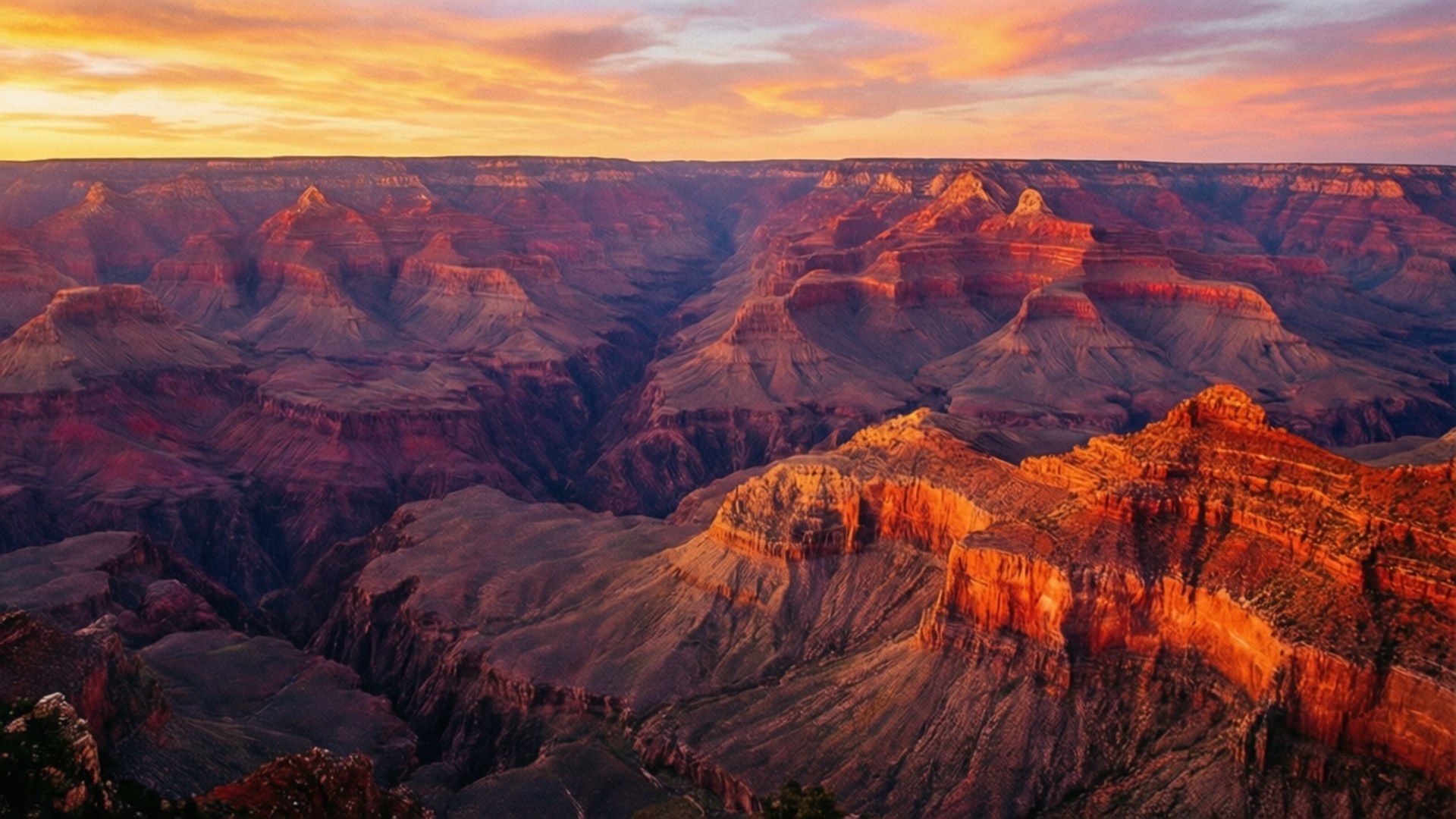 Grand Canyon Sunrise Glory 壁紙 — 令人驚嘆的日落將大峽谷沐浴在溫暖的橙色和粉紅色調中，層層疊疊的岩層延伸至遠方。
