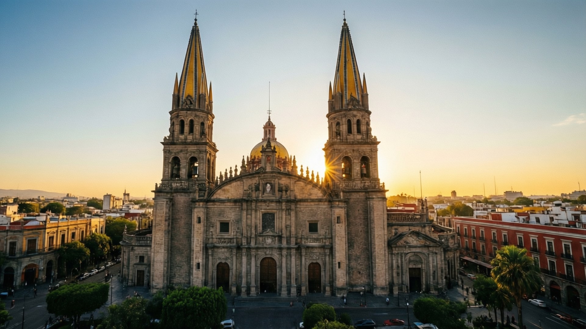 Golden Dawn Cathedral 壁紙 — 一座擁有雙塔的大教堂沐浴在金黃色的日落光芒中，主宰著繁華的城市景觀。