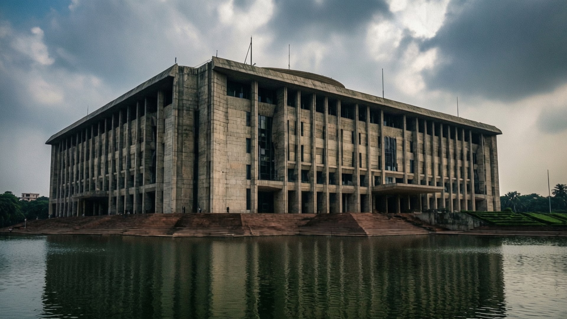 Parliament Building 壁紙 — 一座宏偉的混凝土政府大樓，帶有柱子和台階，在陰天天空下倒映在平靜的水面上。