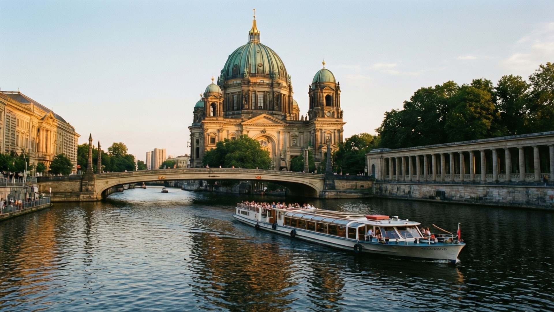 Berlin River Cruise View 壁紙 — 一座宏偉的圓頂大教堂雄偉地聳立在河邊，一艘觀光船在黃金時段載著乘客穿過石橋下。