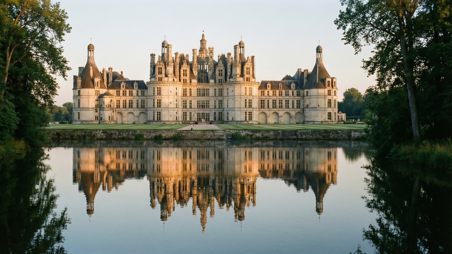 Chambord Castle Dawn 壁紙 — 一座宏偉的法國城堡，擁有華麗的塔樓和石牆，完美地倒映在平靜的河流中，周圍環繞著茂密的綠樹。