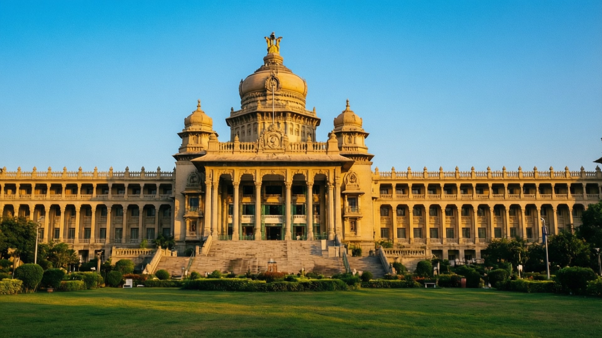 Vidhana Soudha Golden Hour 壁紙 — 一座宏偉的政府建築，擁有金色圓頂、對稱的側翼和寬闊的樓梯，在晴朗的藍天下雄偉地矗立，周圍環繞著修剪整齊的綠色草坪。