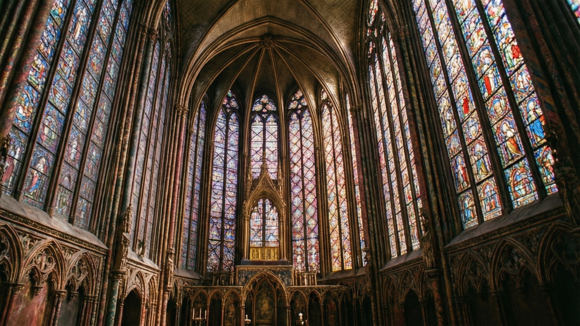 St. Vitus Cathedral 壁紙 — 宏偉的哥德式大教堂內部，沐浴在高聳彩繪玻璃窗投射出的彩色光線中。
