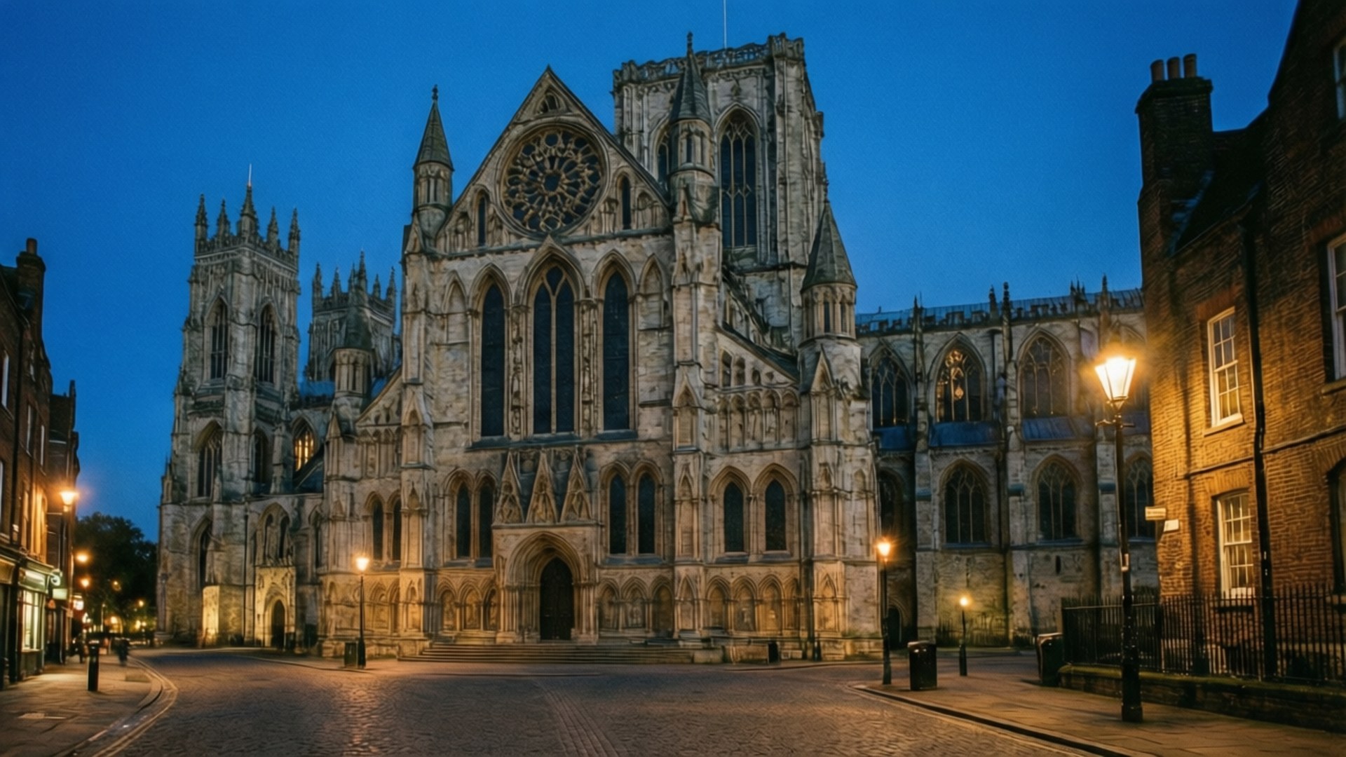 York Minster Twilight 壁紙 — 一座宏偉的哥德式大教堂，擁有照明石質外牆和玫瑰窗，在深藍色天空下的黃昏中雄偉地矗立。