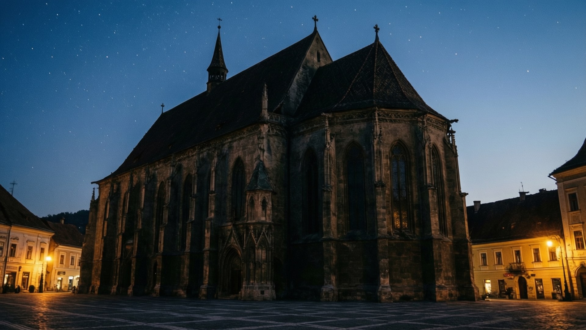Brasov Black Church Twilight 壁紙 — 一座宏偉的哥德式教堂在寧靜的城鎮廣場上，以星光燦爛的暮色天空為背景，呈現剪影。
