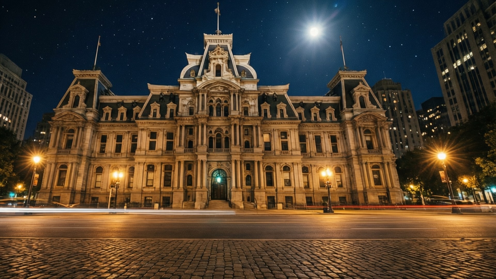 City Hall Night Glow 壁紙 — 一座宏偉的歷史建築在夜晚被照亮，在星空下，明亮的月亮將其光線投射在其華麗的外牆和下面的鵝卵石街道上。