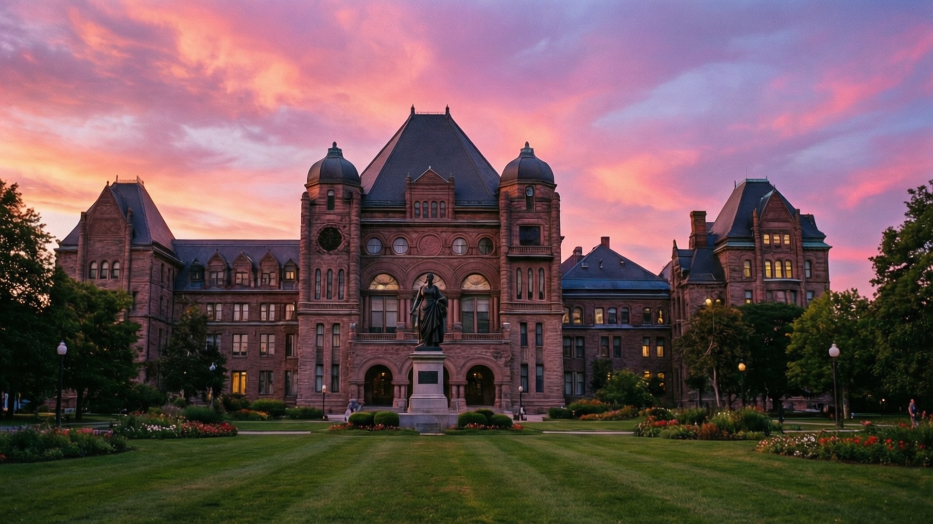 Queen's Park Sunset 壁紙 — 一座宏偉的歷史石建築，中央有一座雕像，矗立在充滿活力的粉紅色和橙色日落天空下。