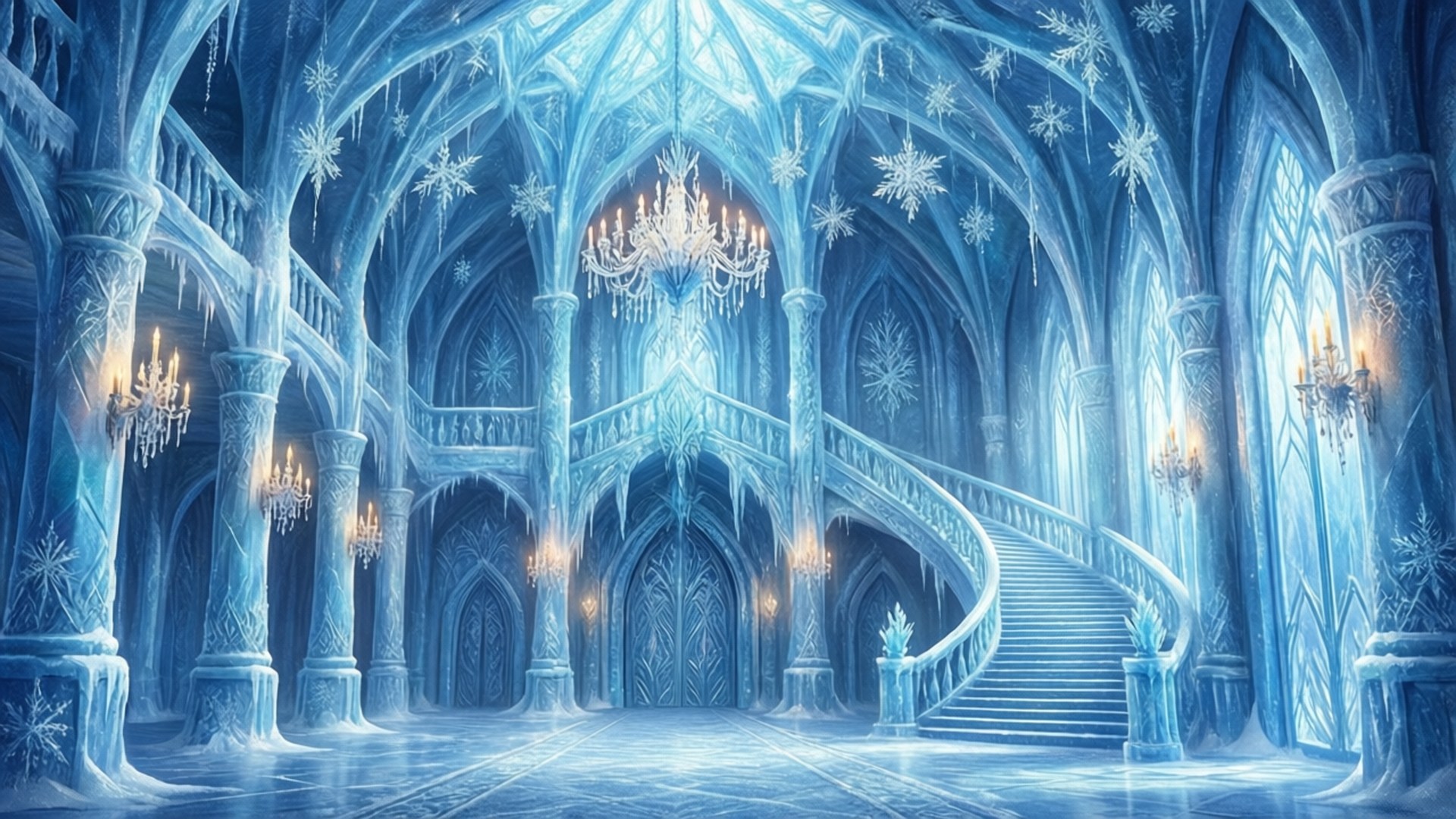 Ice Palace Interior 壁紙 — 一座宏偉的冰之大教堂，閃爍的水晶吊燈、雪花和螺旋樓梯沐浴在冷藍色光芒中。