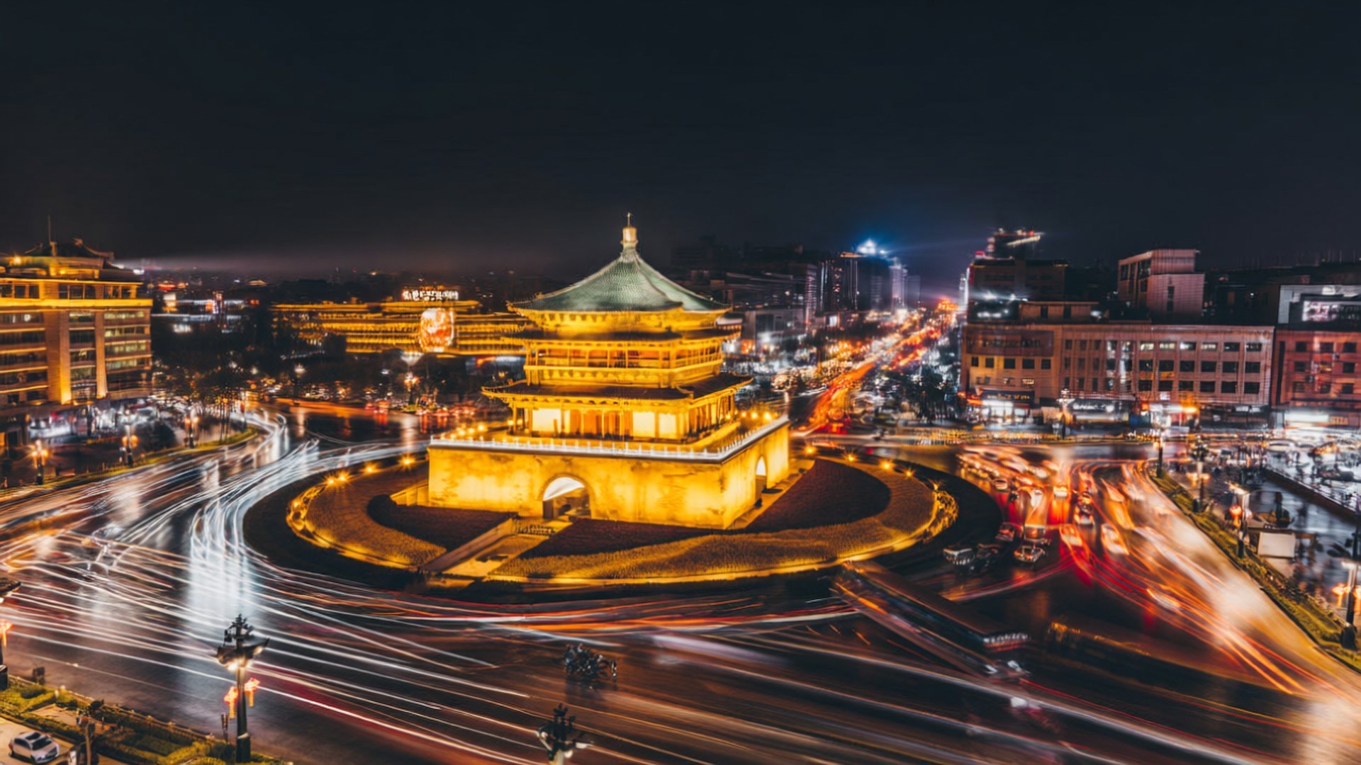 Bell Tower Night Glow 壁紙 — 一座宏偉的照明古塔矗立在夜間繁忙的環形道路中央，伴隨著汽車燈光的流線。