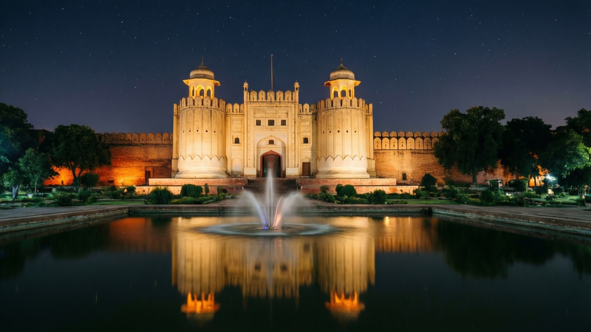 Lahore Fort Under the Stars 壁紙 — 一座宏偉的照明堡壘，帶有圓頂塔樓，在星空下的寧靜水池中倒映。