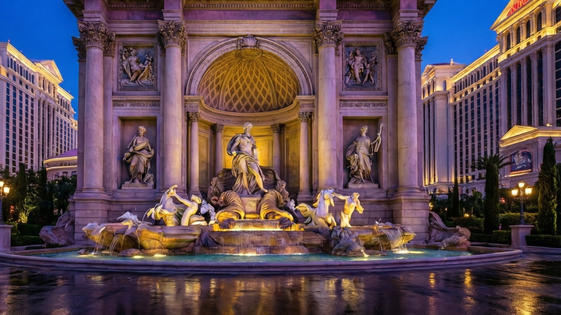 Caesars Palace Evening 壁紙 — 豪華酒店建築前，黃昏時分有古典雕像和流水的大型照明噴泉。