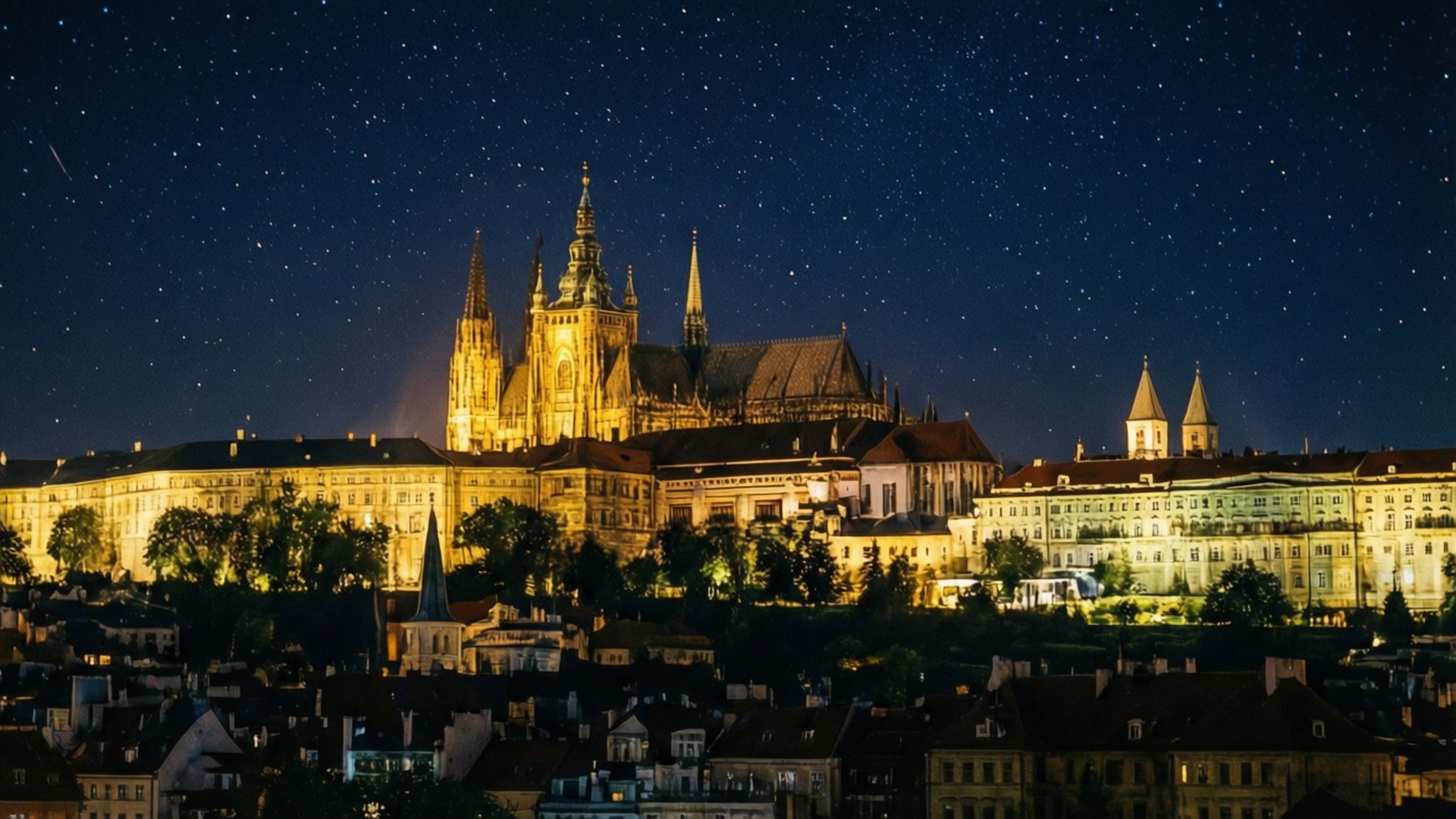Prague Castle Night 壁紙 — 一座宏偉的照明哥德式城堡群在星空下矗立於城市景觀之上的山丘。