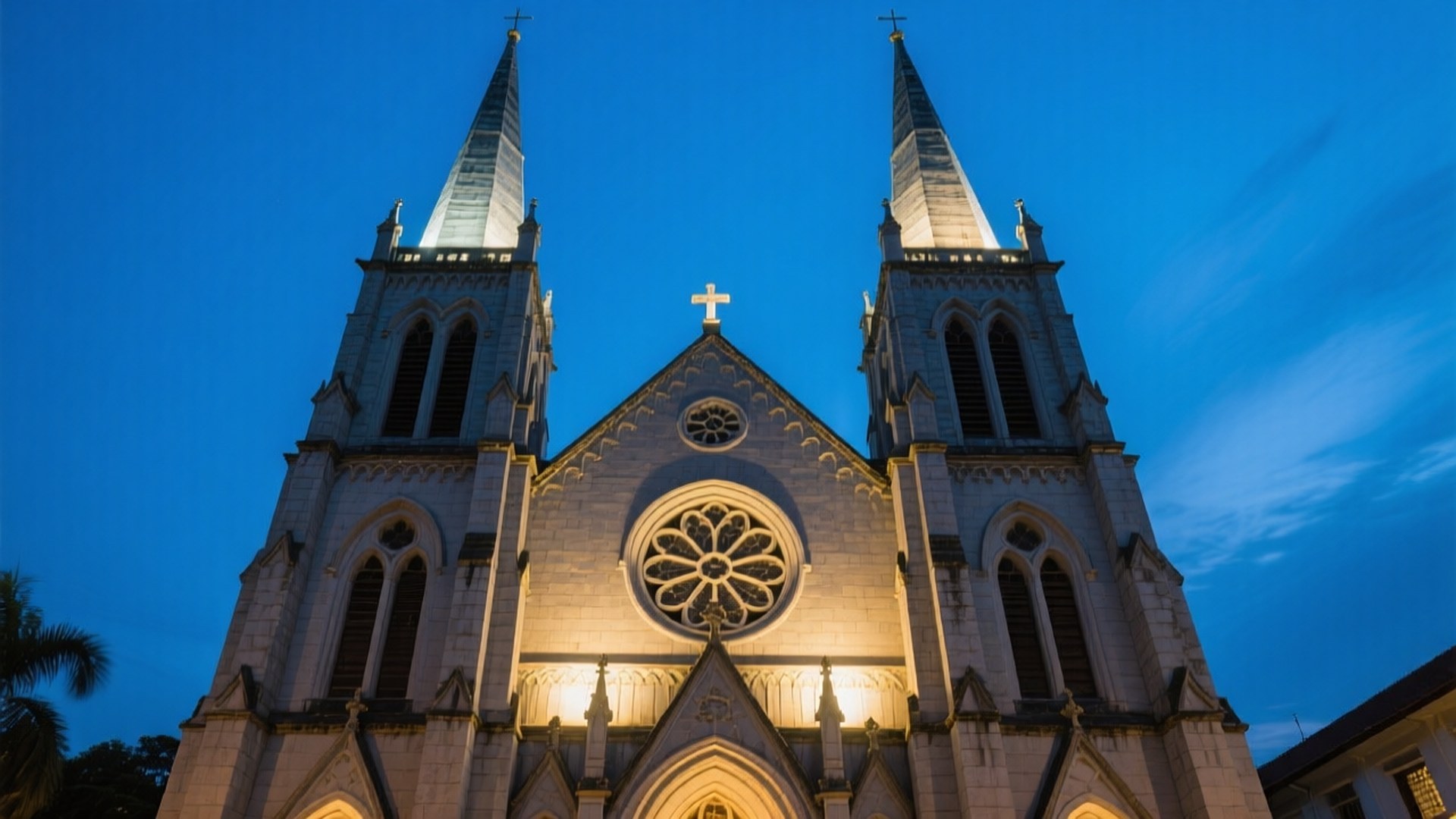 Jakarta Cathedral Twilight 壁紙 — 一座宏偉的照明哥德式大教堂，擁有雙尖塔和玫瑰窗，在深藍色的暮色天空中閃耀。