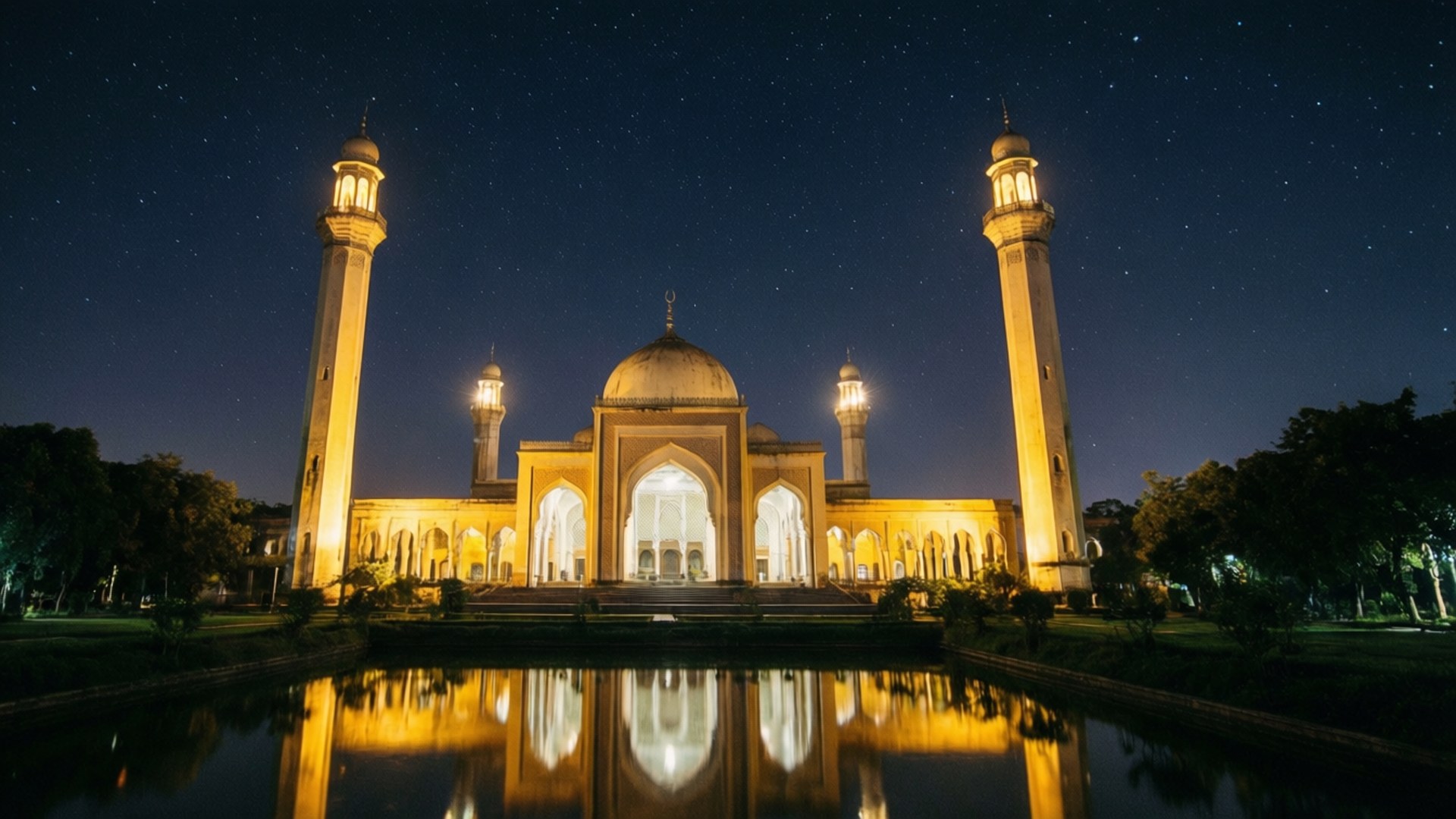 Mosque Night Reflection 壁紙 — 一座宏偉的燈光清真寺，雙塔在星空下的寧靜池塘中完美倒映。
