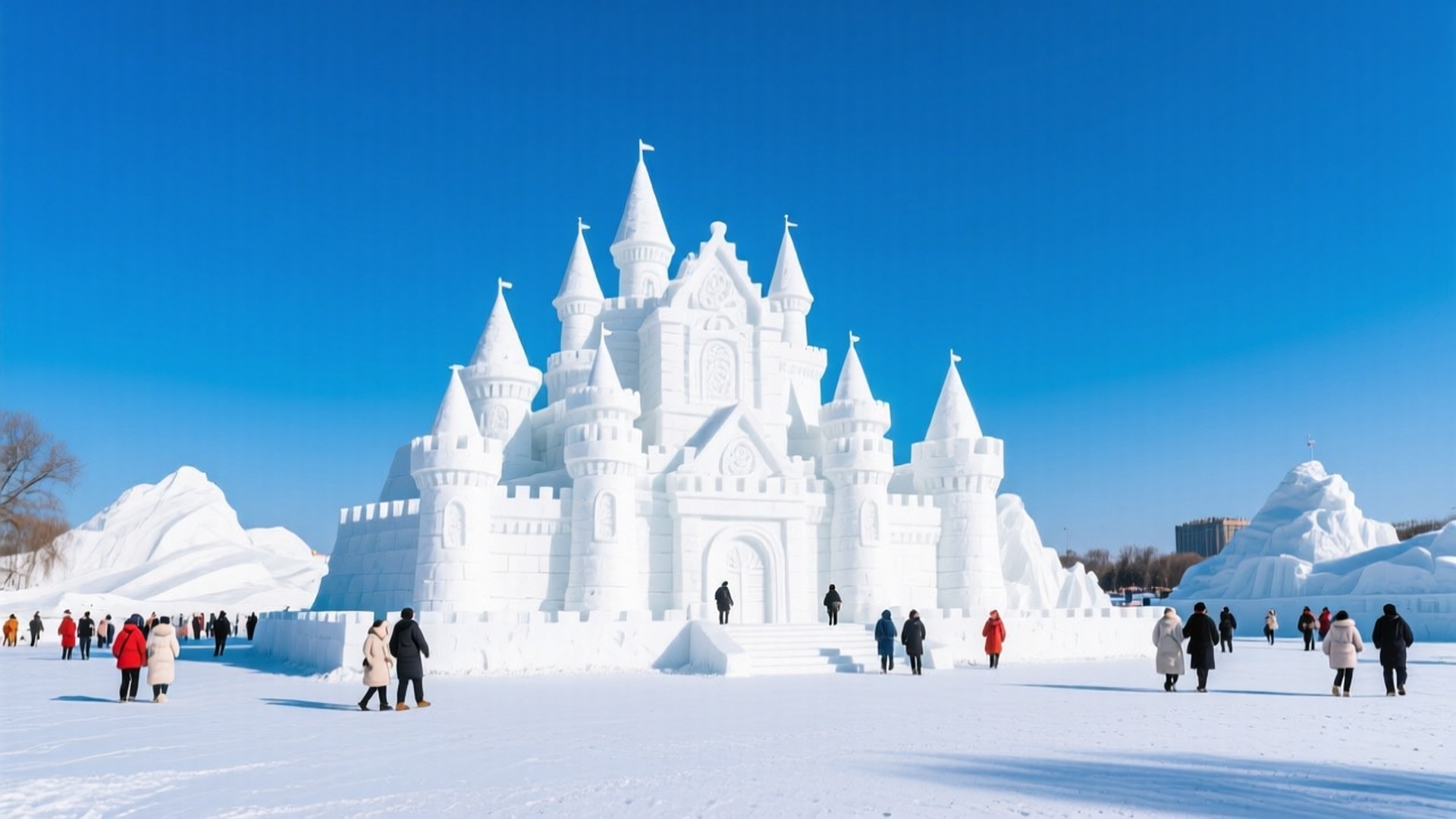 Sun Island Snow Castle 壁紙 — 一座宏偉精緻的雪城堡，有多個塔樓，矗立在清澈的藍天下，人們在雪地上漫步。