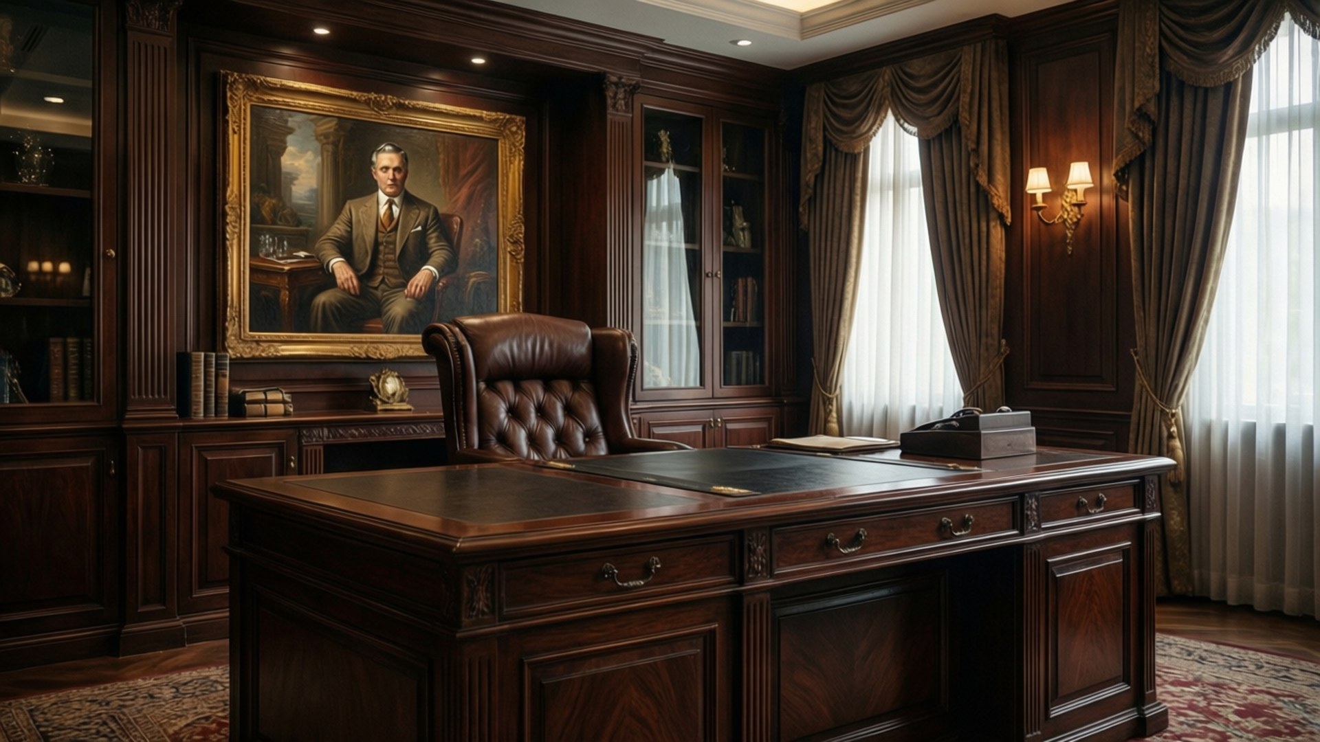 Executive Office Luxury 壁紙 — 一個宏偉的桃花心木辦公室，皮革椅位於大辦公桌後方，上方掛著一位穿西裝男士的畫像。