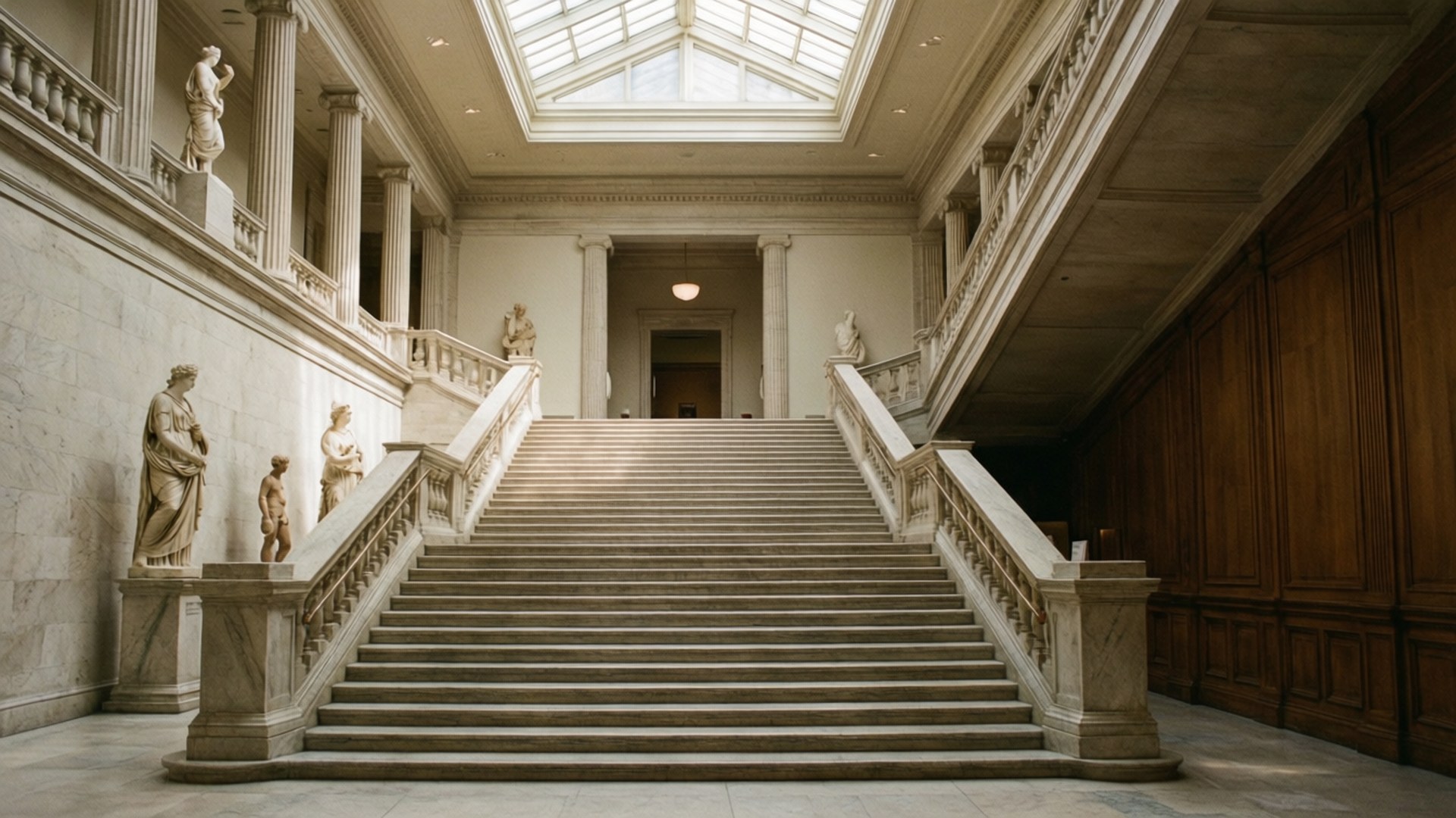 MIA Grand Staircase 壁紙 — 宏偉的大理石樓梯，兩旁有古典雕像，在玻璃天窗下延伸至莊嚴的機構大廳。