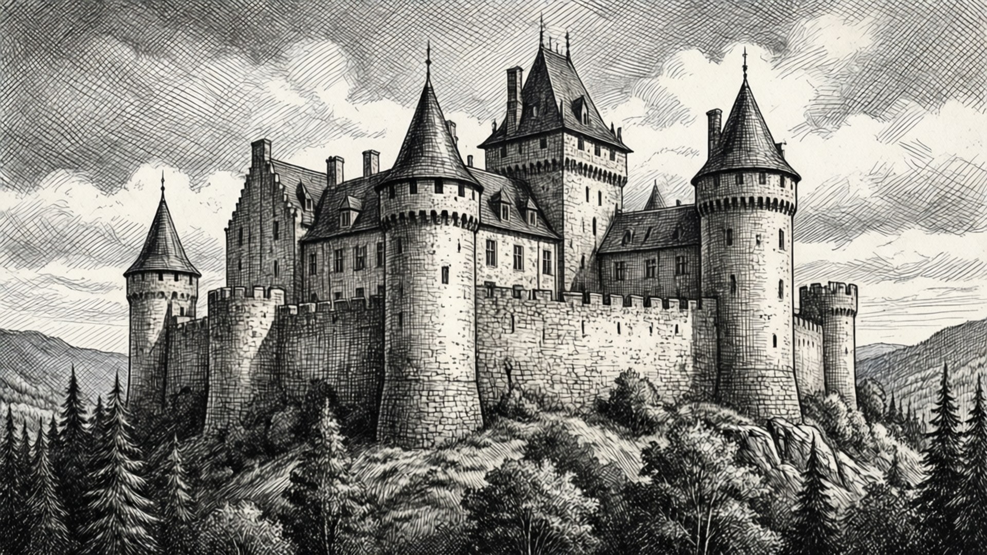 Cross-hatch Castle 壁紙 — 一座宏偉的中世紀城堡，擁有塔樓和石牆，雄偉地聳立在森林覆蓋的山丘上，天空多雲。