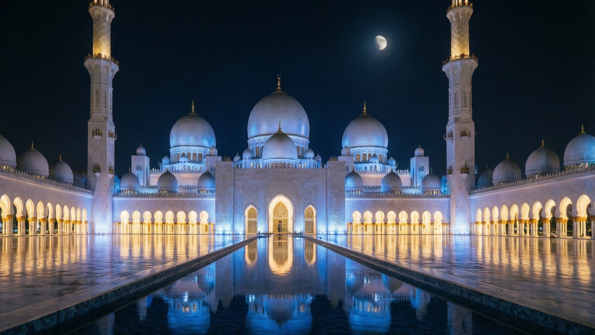 Grand Mosque Moonlit Elegance 壁紙 — 宏偉的清真寺在夜晚被照亮，發光的圓頂和宣禮塔倒映在寧靜的水池中，上方是一彎新月。