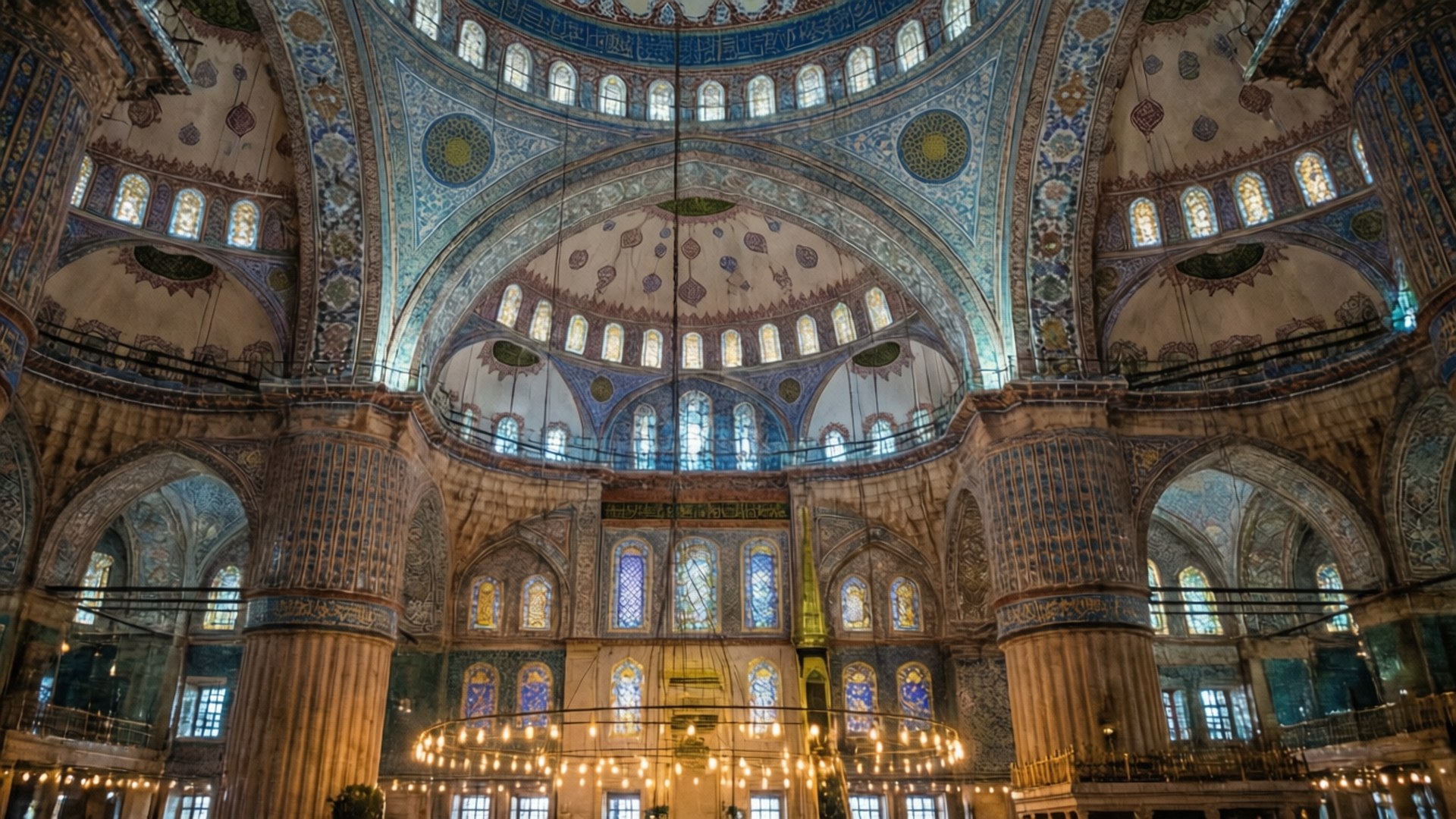 Blue Mosque Serenity 壁紙 — 大清真寺內部，有藍色和金色瓷磚圓頂、拱形窗戶和溫暖的吊燈照亮石柱。
