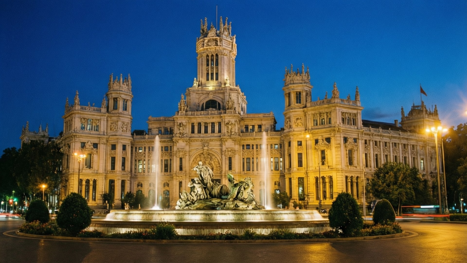 Cibeles Fountain Blue Hour 壁紙 — 黃昏時分照亮的新古典主義宏偉建築，中央噴泉和雕塑人物在溫暖燈光下閃耀。