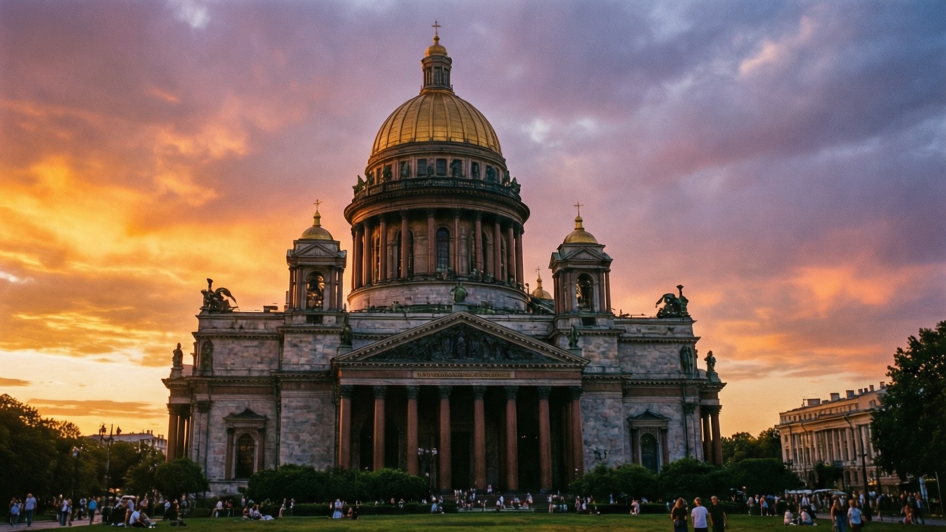 Golden Dome at Dusk 壁紙 — 一座宏偉的新古典主義大教堂，金色圓頂在火紅的日落天空下巍然聳立，前景公園裡聚集著人群。