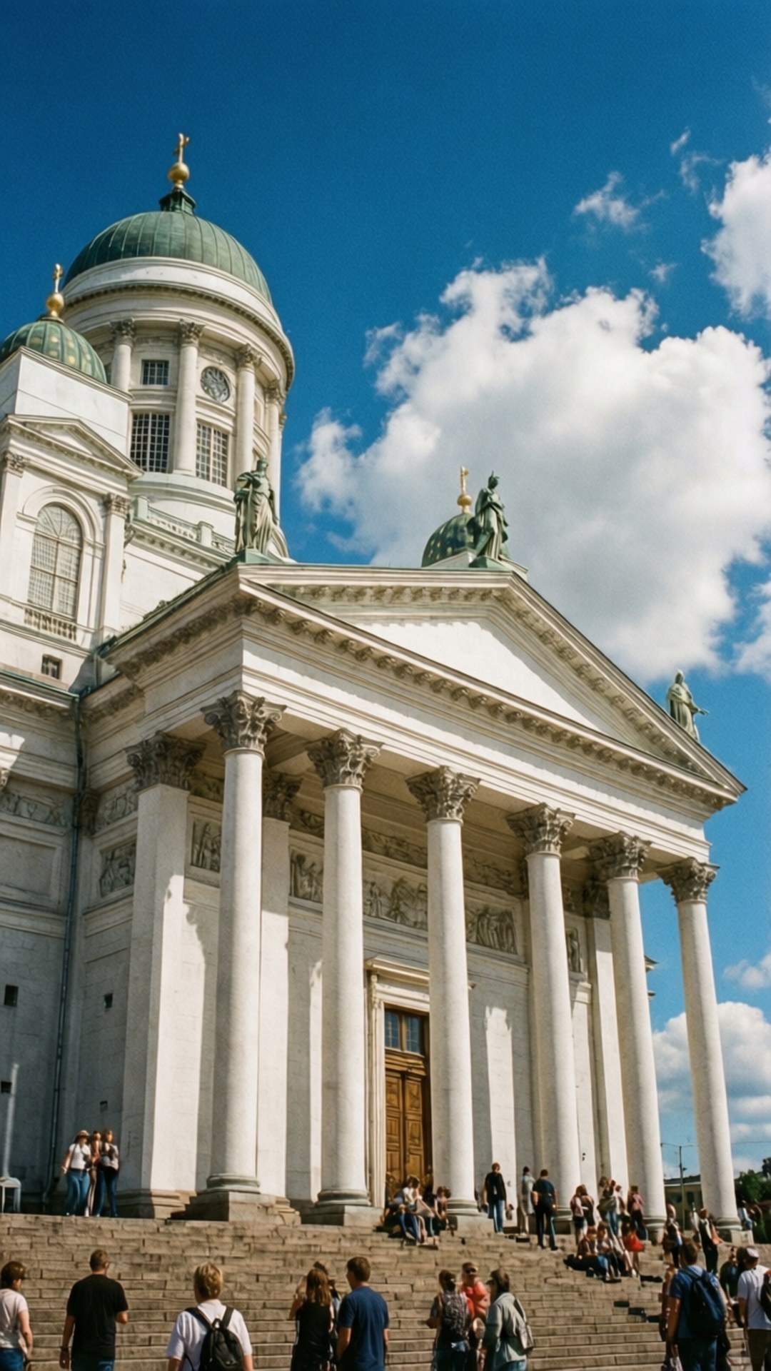 Helsinki Cathedral Steps 壁紙 — 宏偉的新古典主義大教堂，白色柱子和綠色圓頂，在明亮的藍天下有蓬鬆的雲朵。