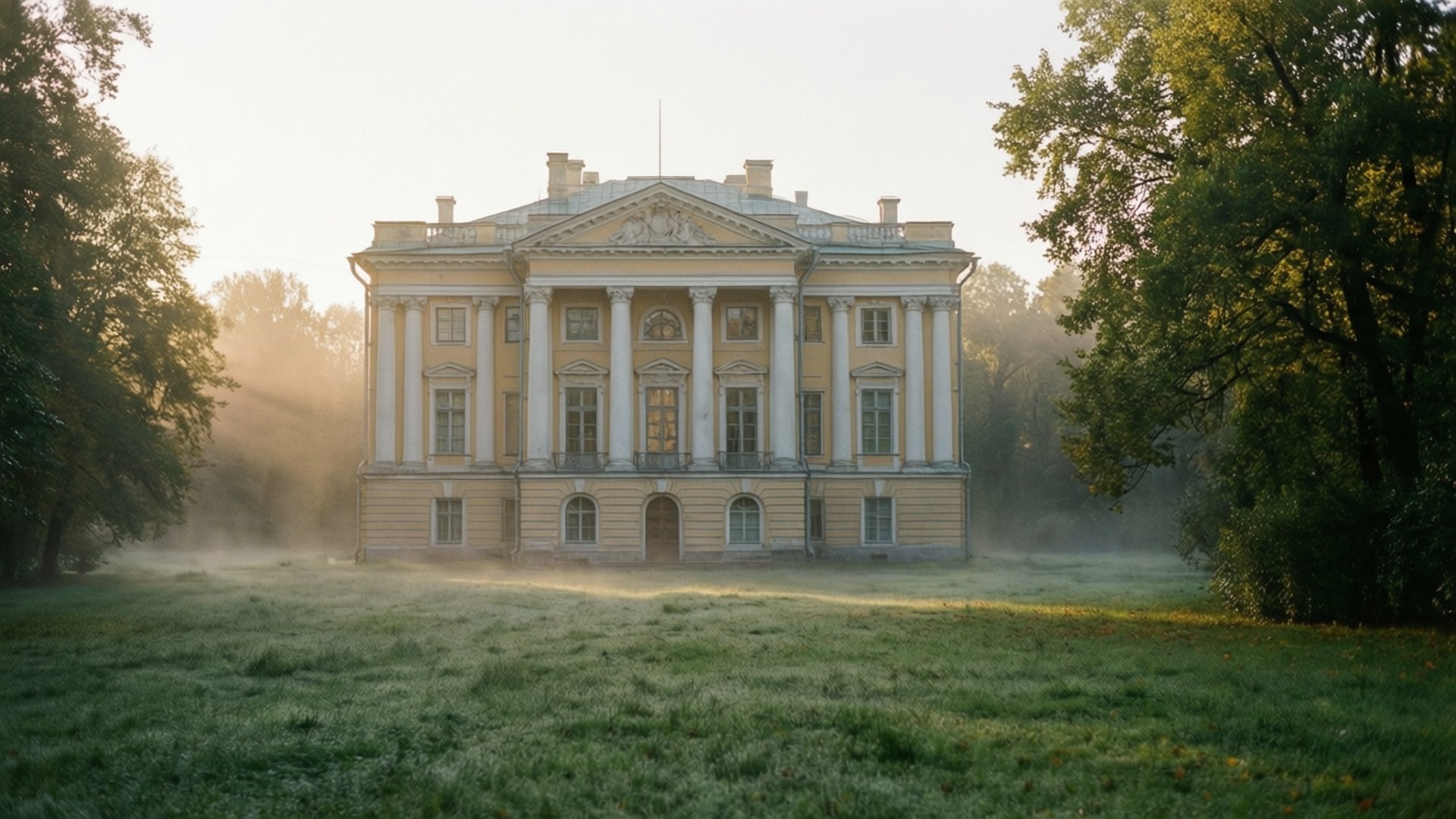 Alexander Palace Mist 壁紙 — 一座擁有白色柱子的宏偉新古典主義豪宅，矗立在霧氣瀰漫的晨光中，周圍環繞著綠樹和帶露水的草地。